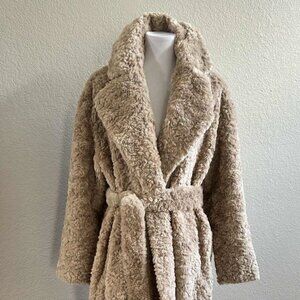 NEW EXPRESS Women's Faux Fur Robe Jacket Trench Coat - Beige/ Brown Largev